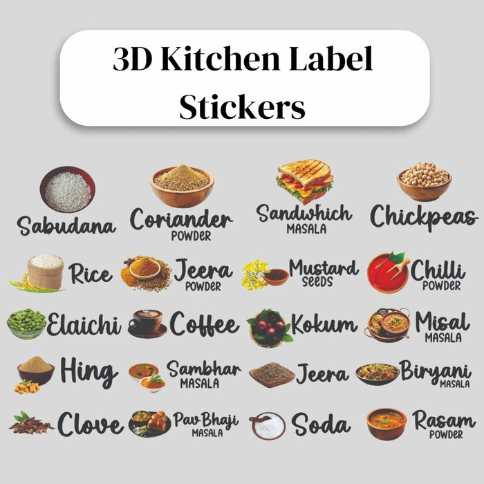 Modern 3D Kitchen Labels for Jars & Containers (Pack of 1 - 60 Stickers)
